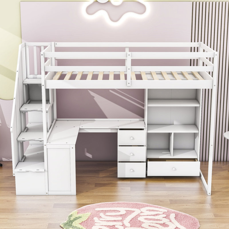 Halchak Kids Twin Loft Bed with Drawers, White