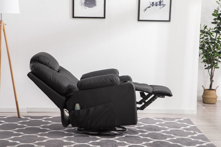 a black leather massage recliner with a side pocket for remotes