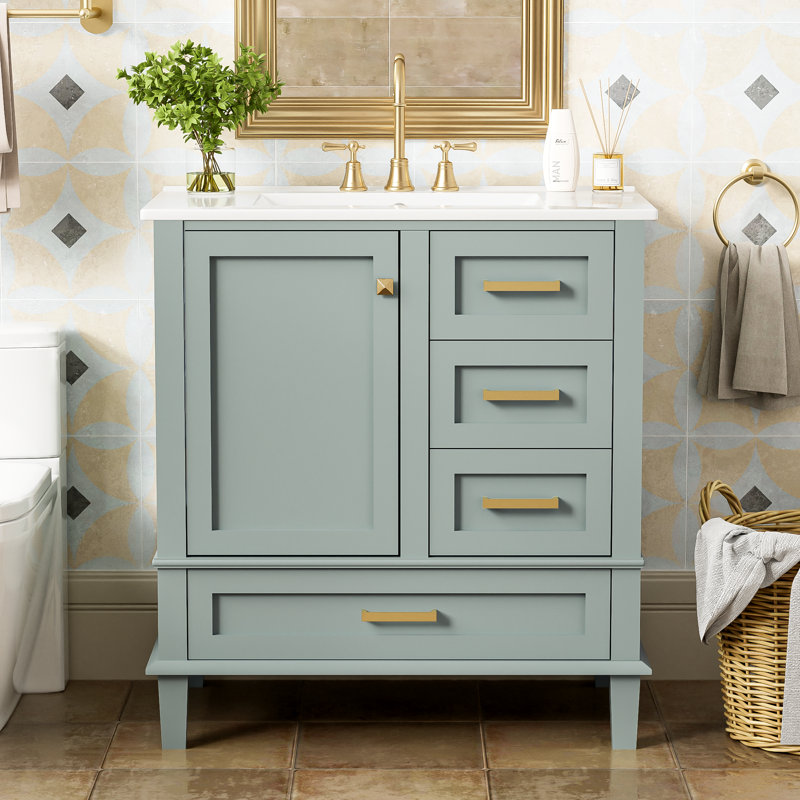 30" Solid Wood Bathroom Vanity With Ceramic Sink, Soft Close Doors, 4 Drawers, Light Green/Gold