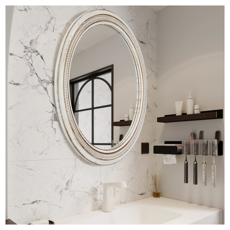 Miroir mural vintage rétro avec cadre blanc vieilli et bordure perlée - 23,62 po de diamètre