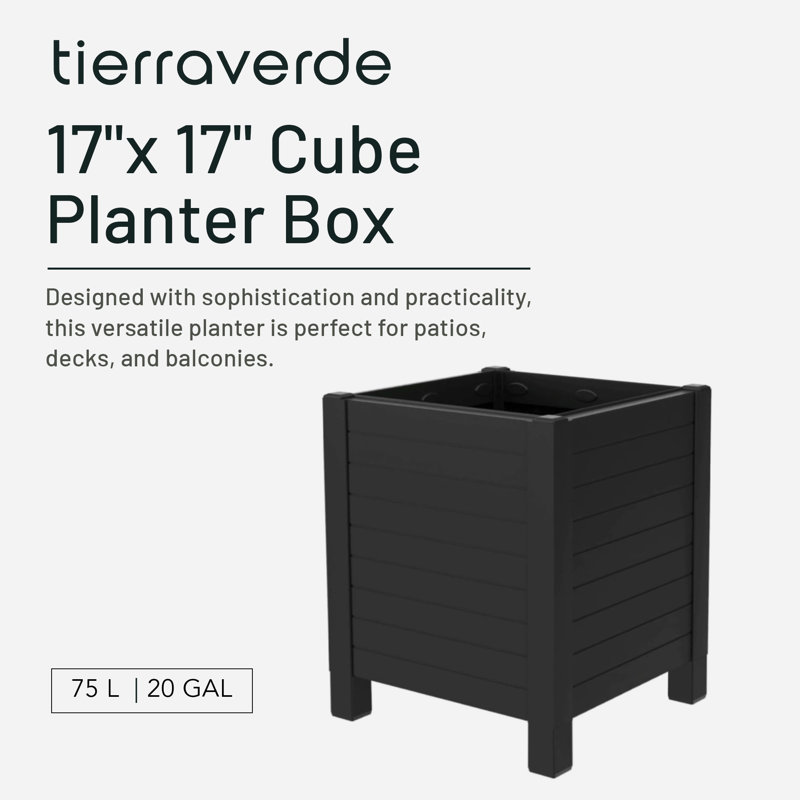  17-Inch x 17-Inch Flora Cube Planter Box for Patios or Decks, Black, Black