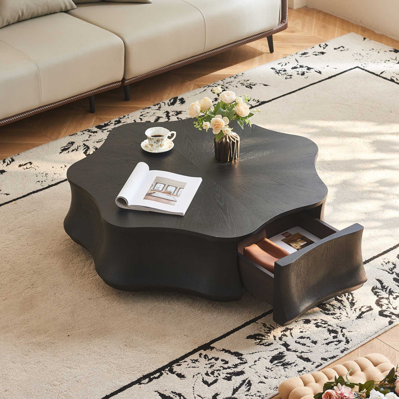39'' Modern Sculptural Wood Coffee Table with Irregular Flower Shape, Black Contemporary Living Room Center Table with Drawer