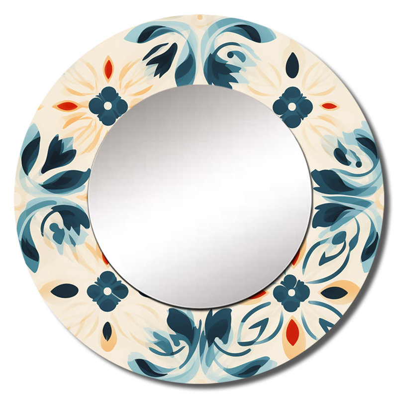 Rubit beige et bleu marocain damassé intrigue - géométrique, miroir mural unique, miroir rond bleu, 36 po x 36 po