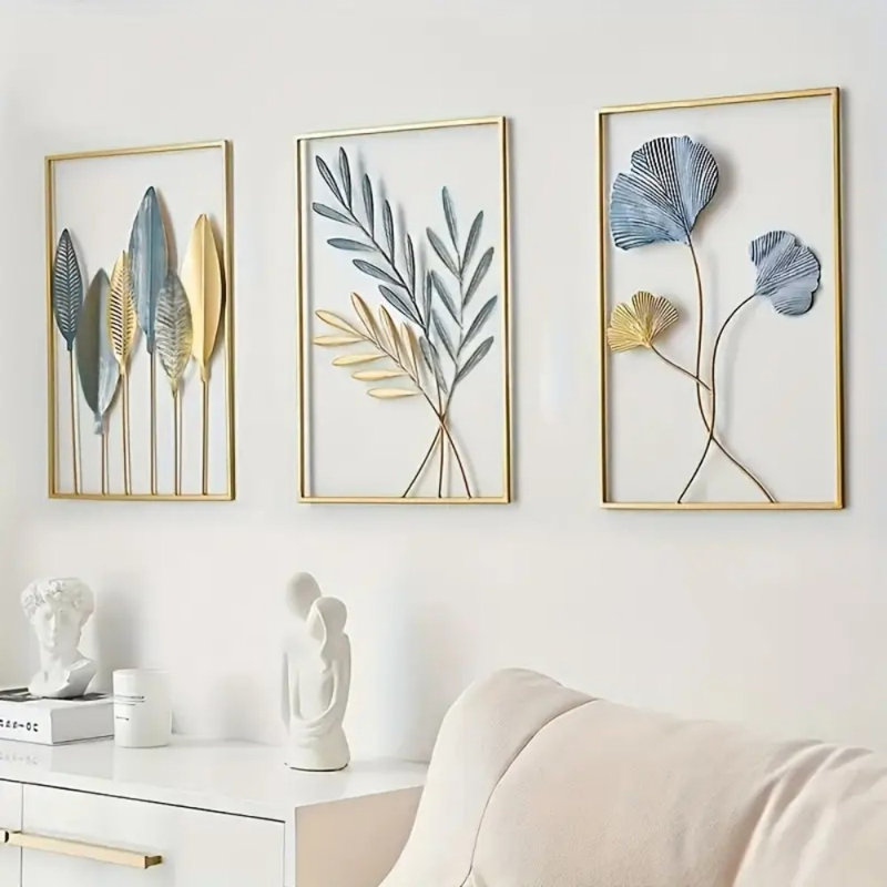 3Pcs/Set Modern Minimalist Metal Leaves Wall Decor-Gold Metal Leaf Wall Decor Wall Hanging-Artistic Design Decorative Frame-Suitable For Sofa Backdrop, Porch, Bedroom, Living Room, Office-Home Decoration