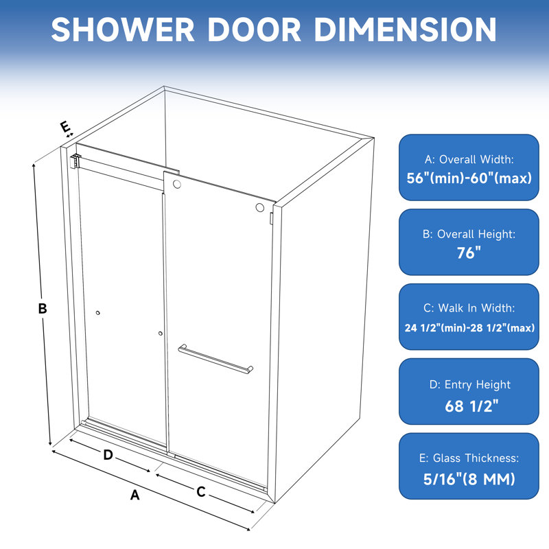 56"-60" W x 76" H Double Sliding Frameless Shower Door with 5/16" (8mm) Crystal Clear Tempered Glass, Silver