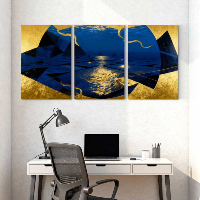 Abstrait océan reflets or bleu, ensemble de 3 impressions sur toile, H 18 po x l 36 po
