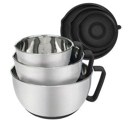 Stainless Steel Non-Slip Mixing Bowls With Pour Spout, Handle And Lid, Set Of 3, Black