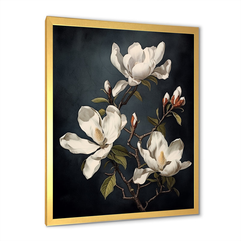 «White Blooimg Magnolias Trees II», reproduction sur toile, Cadre doré simple, H 40 po x l 30 po x P 1,5 po