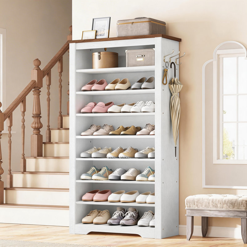 Armoire de rangement pour 32 paires de chaussures, Blanc/noyer