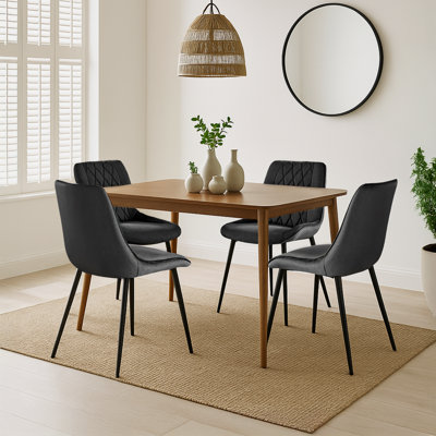 Solid Wood Walnut Effect Dining Table With 4 Simsbury Luxury Velvet Upholstered Dining Chairs