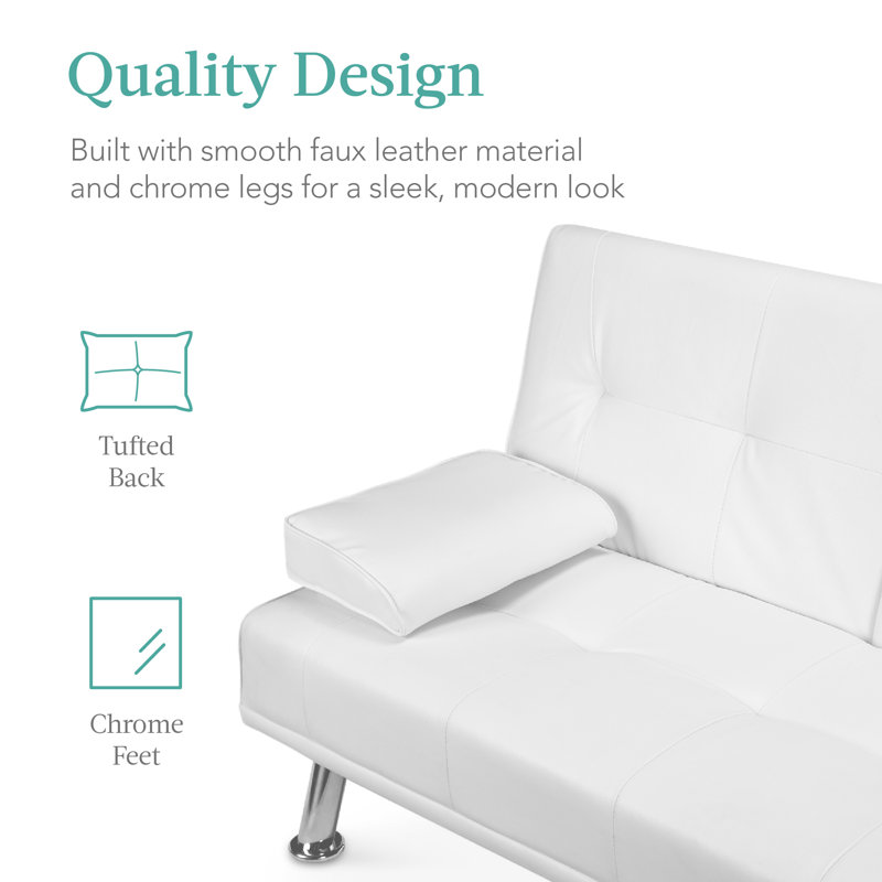 Owlex Modern Convertible Futon Sofa w/ Removable Armrests, 2 Cupholders, White Faux Leather