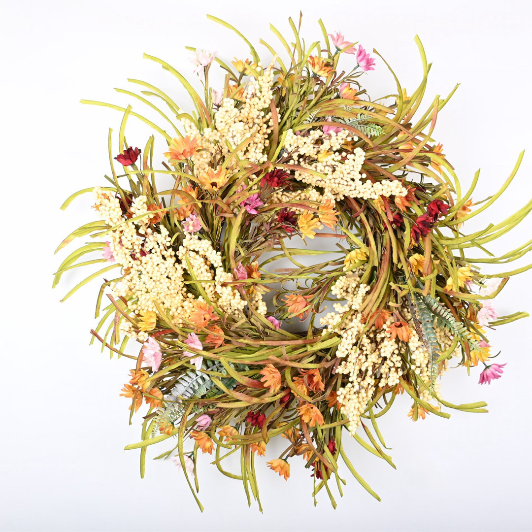 26" Fall Autumn Daisy Floral Berry Wreath For Front Door Primrue