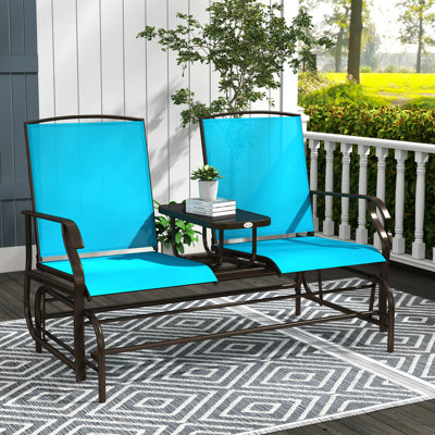 Banc oscillant bleu avec table centrale. Cadre en métal pour la cour arrière, porche. Tissu respirant, 528 lb Capacité de poids totale, table de jardin à double glissement - Confort, jardin, porche, bord de piscine