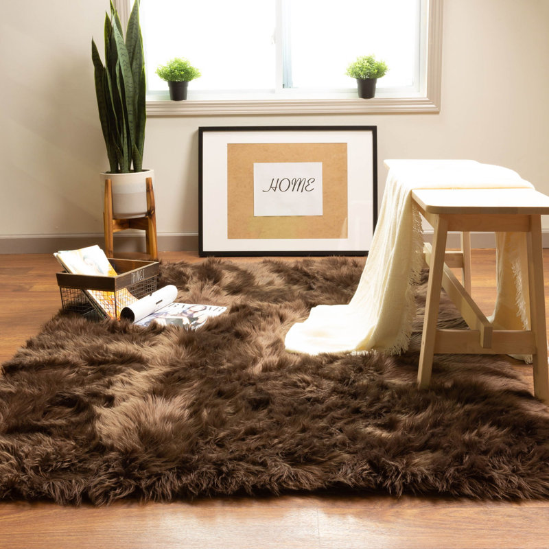Diller Dark Brown Faux Fur Machine Washable Shag Fluffy Area Rug, Rectangle 6' x 9'