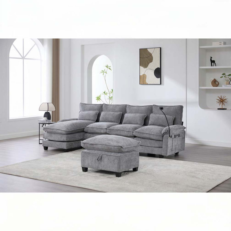 Chenille Fabric 106" U Shape Sectional Sofa, Light Gray Chenille