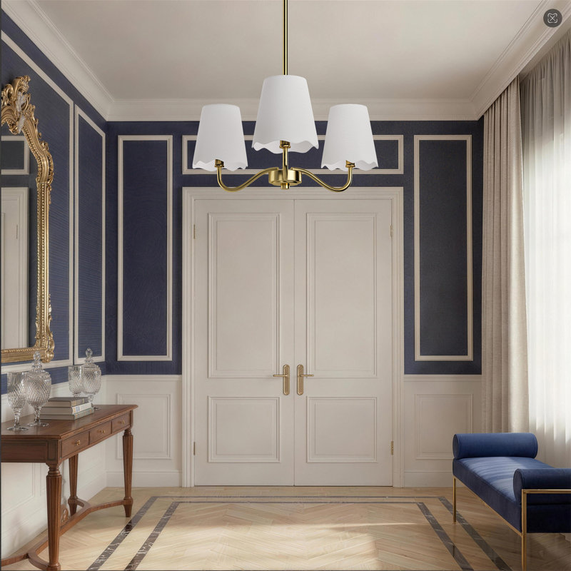 3-light 21"W Polished Brass Modern Spider Chandelier with Linen Shades for Dining Room or Kitchen Island, Polished Brass
