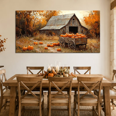 Art mural d'automne, toile d'art citrouille murale, scène d'art mural d'automne, décoration murale d'automne rustique, style maison de campagne, toile tendue avec châssis pour salon, salle à manger, entrée, 24 po x 48 po