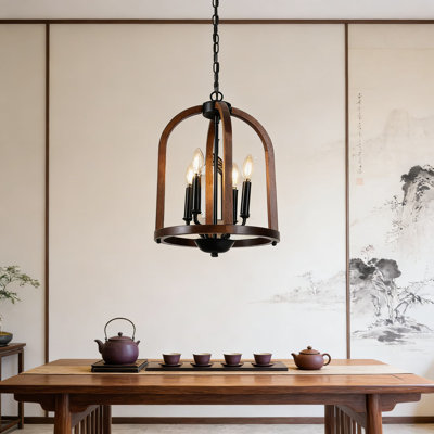 Farmhouse Wood Chandelier With 4 Lights, Adjustable Hanging Pendant Light Fixture For Dining Room, Kitchen Island, Living Room, Bedroom Or Foyer, E12 Candle Style Base, Industrial Rustic Design