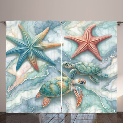 Ambesonne Curtains 2 Panel Set, Starfish and Sea Turtles, Blue Grey Seafoam and Coral -  p_sd1685_108x108