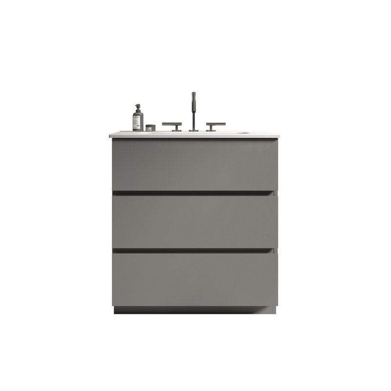 Meuble-lavabo moderne 36 po en noyer - grande capacité de rangement, couloir silencieux, lavabo blanc, pré-assemblé, autoportant, sans drain de robinet avec surface de rangement maximale, lisse, lavabo,