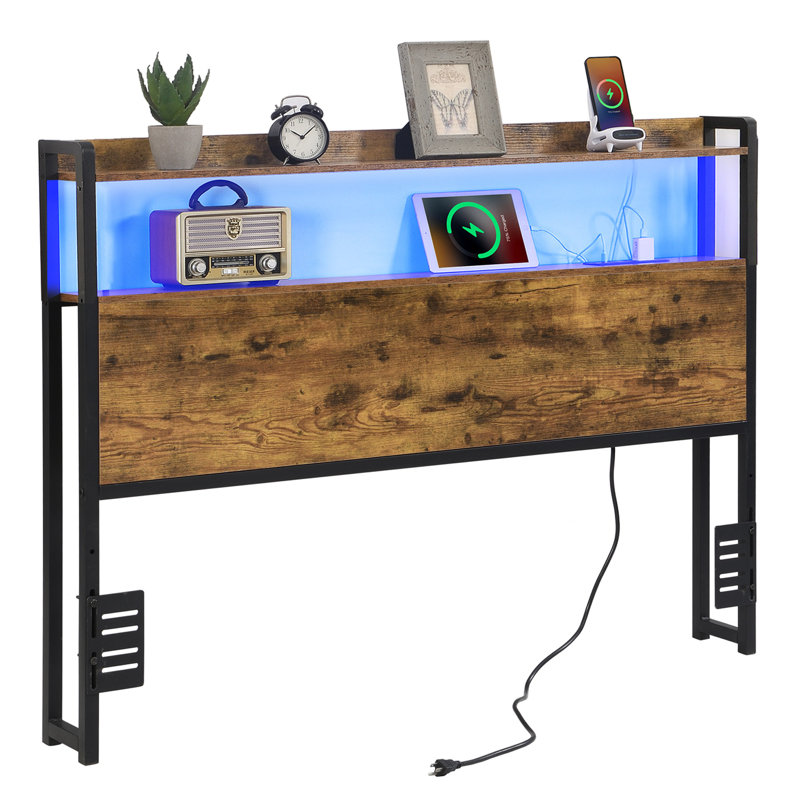 Rangement avec lumières DEL Tête de lit double, tête de lit avec station de charge, Lit double