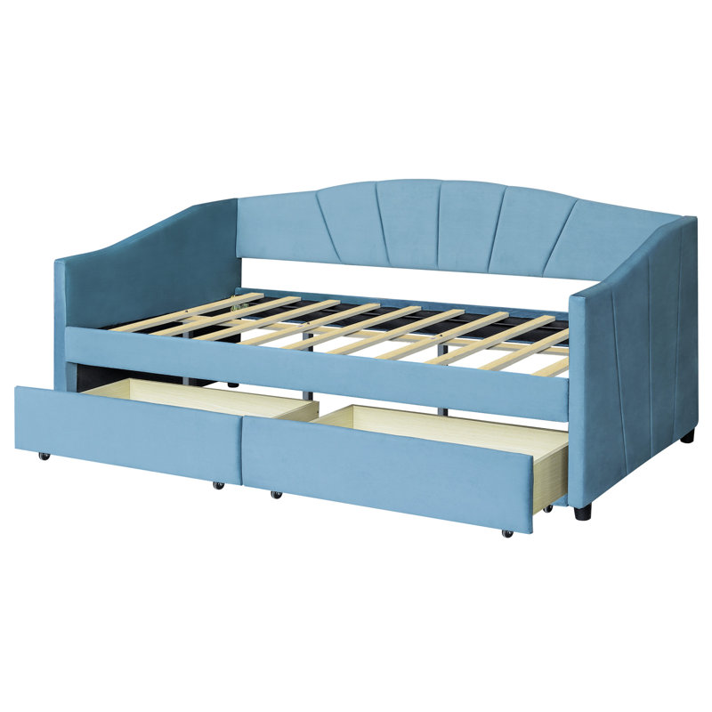 Lit de jour bleu rembourré avec deux tiroirs et lattes de bois substantielles - taille simple tactile, Bleu