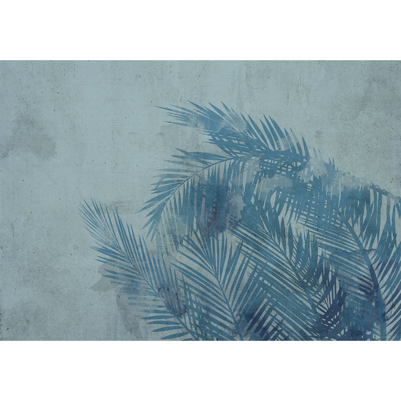 Papier peint botanique - Feuilles de palmier en bleu, L 124 po x l 177 po