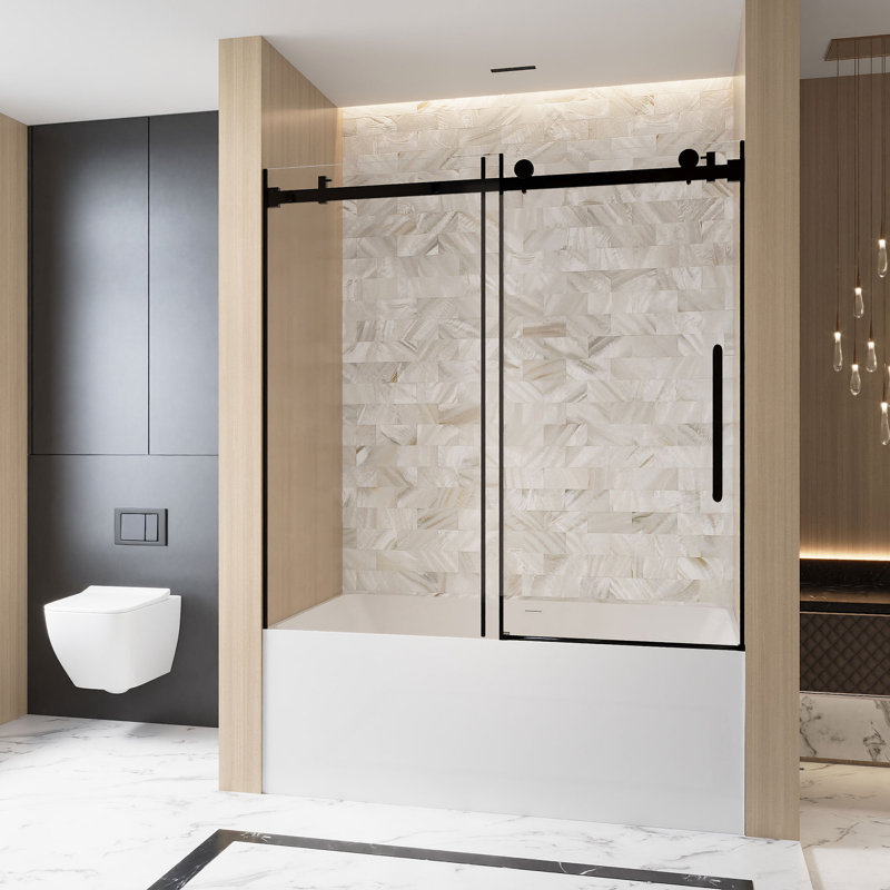 Frameless Single Sliding Shower Door  60 "W X 60" H, 1/4 "(6 Mm) Clear Tempered Glass, Explosion Proof Film, Stainless Steel Handle,Square Tube Track