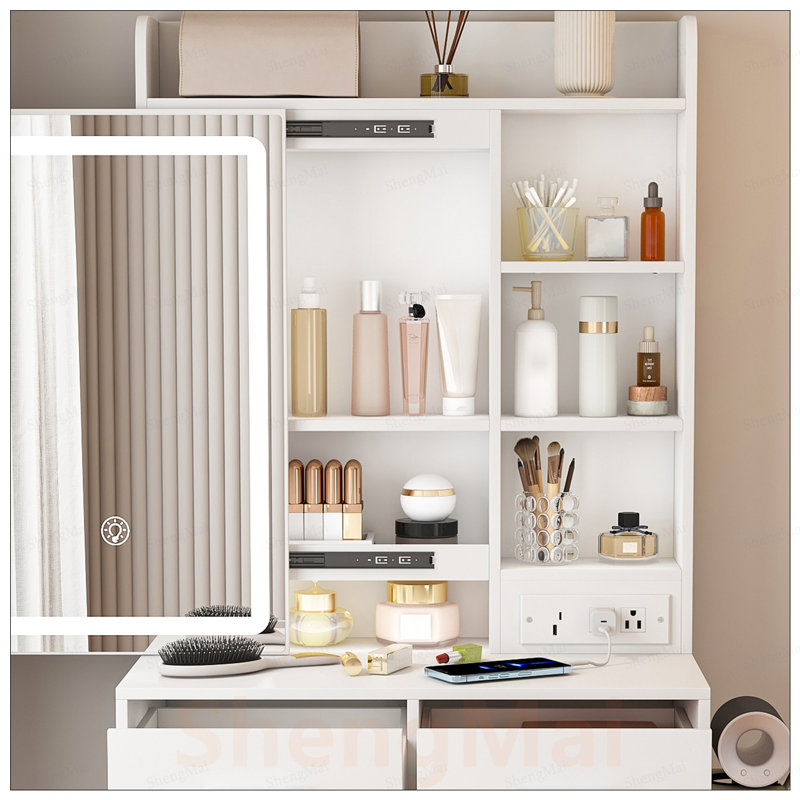 Bureau de maquillage compact avec lumières DEL réglables, prises de courant intégrées et rangement dissimulé pour les petites chambres