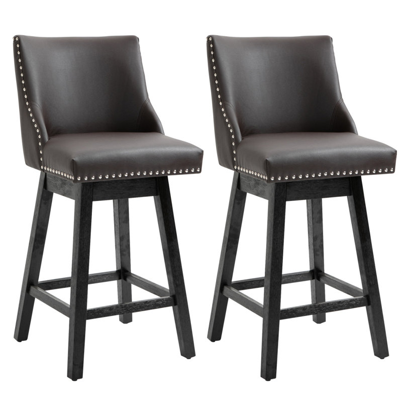 Ensemble de 2 tabourets de bar pivotants de 28 po avec accoudoirs sans garniture cloutée et pieds en bois