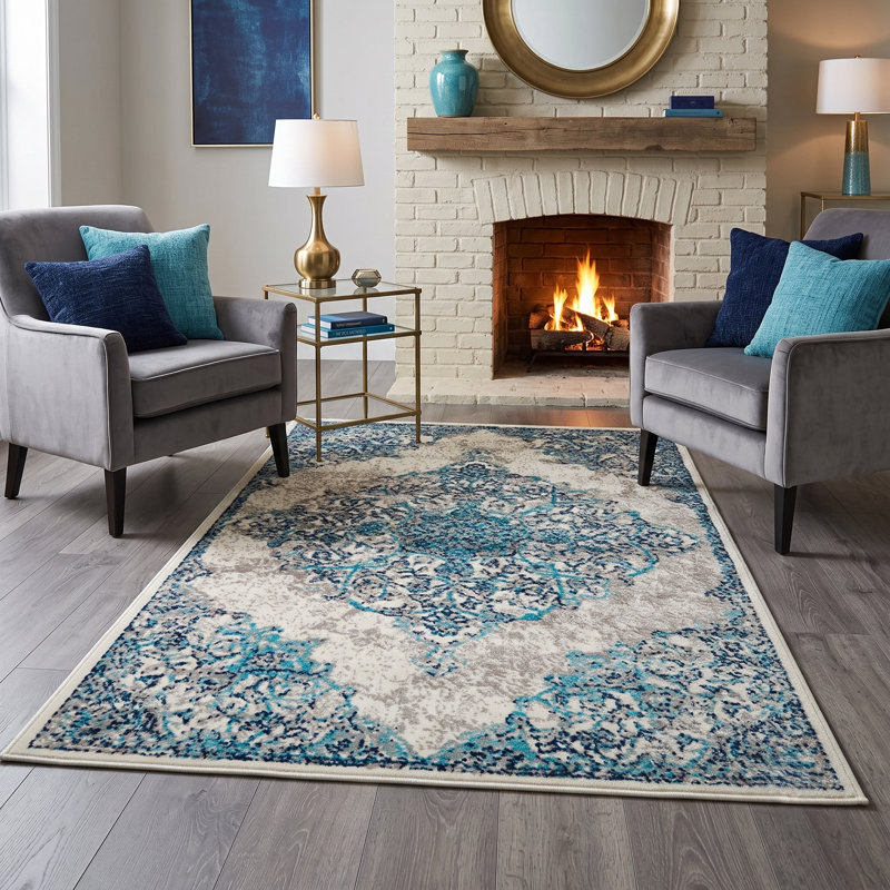 Tapis oriental bleu / beige Allain, Rectangle 3 pi 3 po x 4 pi 11 po