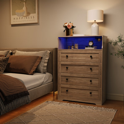 4 Drawer Wooden Dressers for Bedroom with LED Lights & Charging Station, Modern Nightstand for Bedside