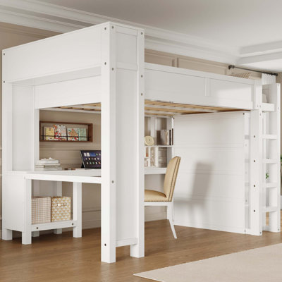 Wooden Queen Loft Bed With Wardrobe And Desk, Headboard With Storage And Usb