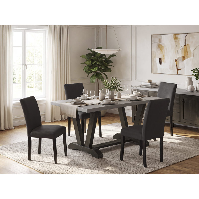 Ensemble de salle à manger 5 pièces pour 4 personnes comprenant une table rectangulaire à pieds en V et 4 chaises rembourrées en lin noir, 91 x 152 cm, multicolore