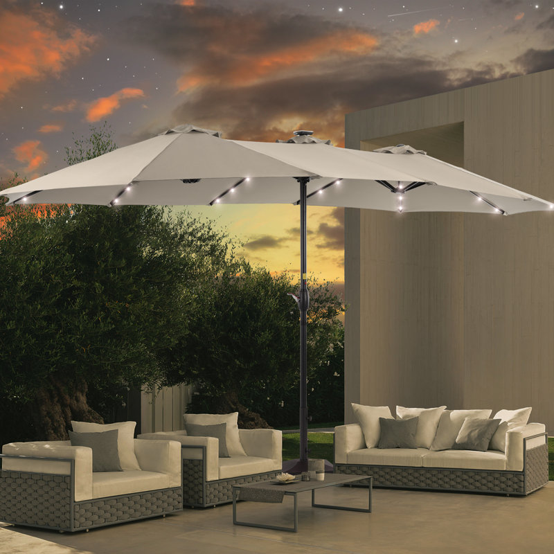 Parasol d'extérieur 15 x 9 pi à DEL double face avec base, Noir, noir, noir, noir