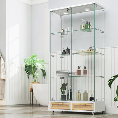 Elegant Tall Tempered Glass Display Cabinet with Multi-Color LED Lights, Large Drawers & Smooth Wheels