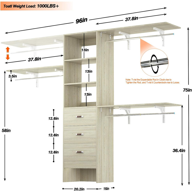  20.2'' - 96'' W Closet System with Wooden Drawers and Hanging Rods(cut To Fit), Light Grey