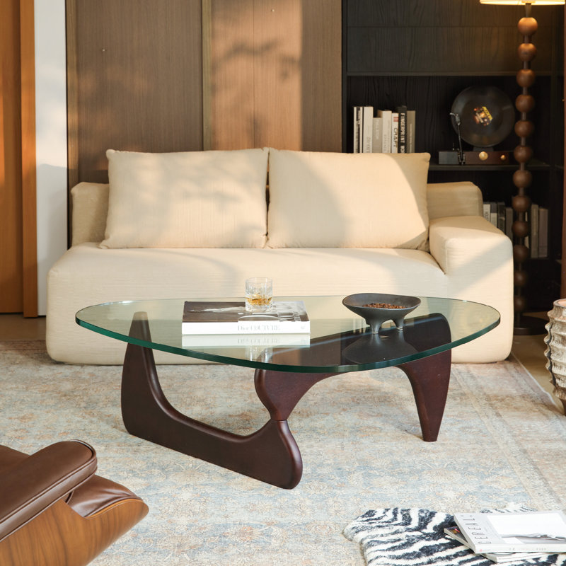 50.9 " Triangle Glass Top Coffee Table with Solid Wood Base and Thickened Glass – Modern Living Room Accent Table, Walnut