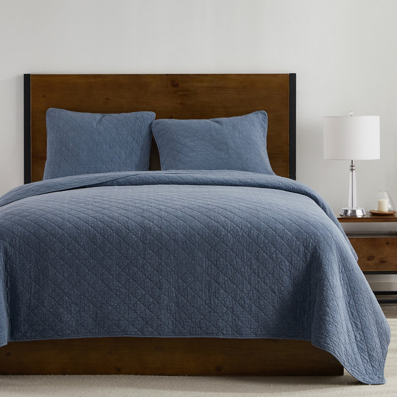 Stonewashed Cotton Gauze Solid Color Classic Casual Modern Rustic Quilt Set, French Blue, Twin Quilt + 1 Standard Sham