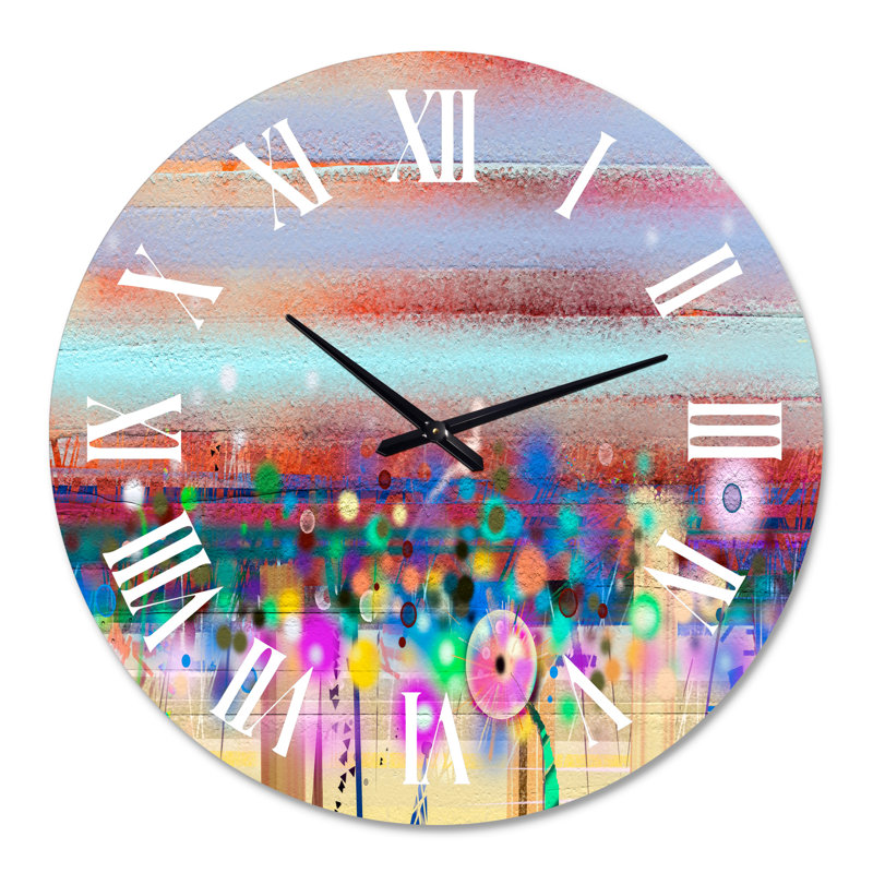Horloge murale moderne peinte à la main jaune pastel et fleurs printanières rouges, Surdimensionné