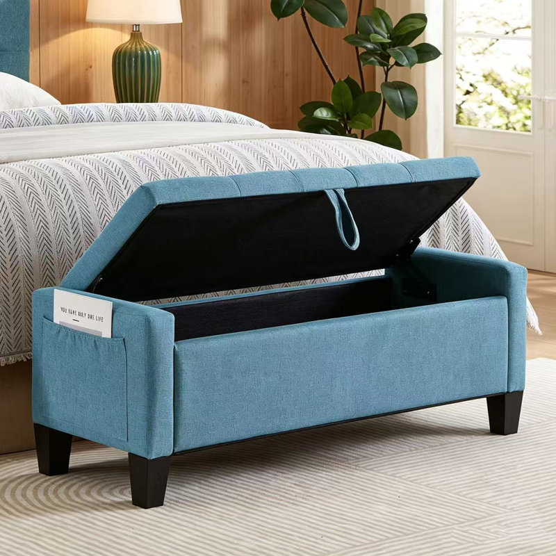 Banc repose-pieds avec espace de rangement et charnières de sécurité, Bleu clair, Lin