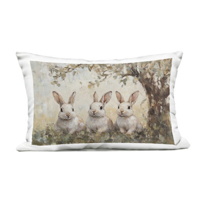 Fairytale Bunnies under Tree Outdoor Printed Pillow, design by Petal Prints Design