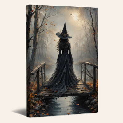 «Witch on Wooden Bridge in Moonlit Forest», art mural sur toile