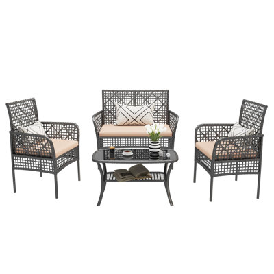 4 Pieces Outdoor Patio Furniture Set, Garden Conversation Set With Tempered Glass Table And Soft Cushions by Winston Porter