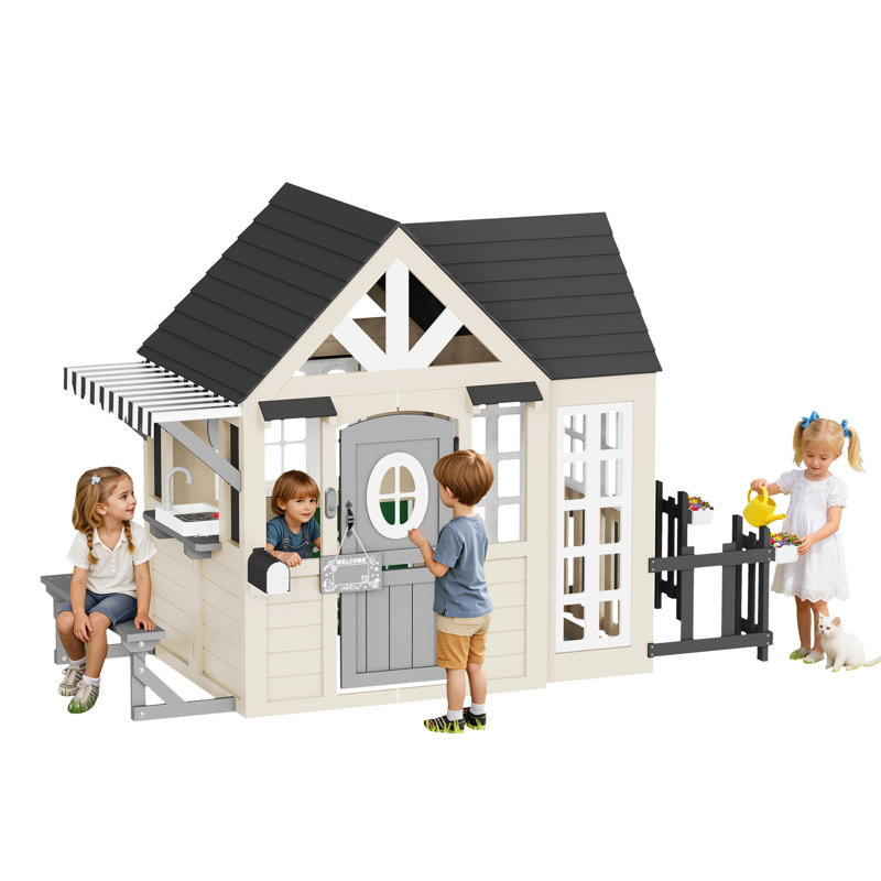 Maisonnette modulaire à 3 portes avec ensemble de cuisine en bois durable et toit imperméable, maisonnette pour enfants de 3 à 8 ans