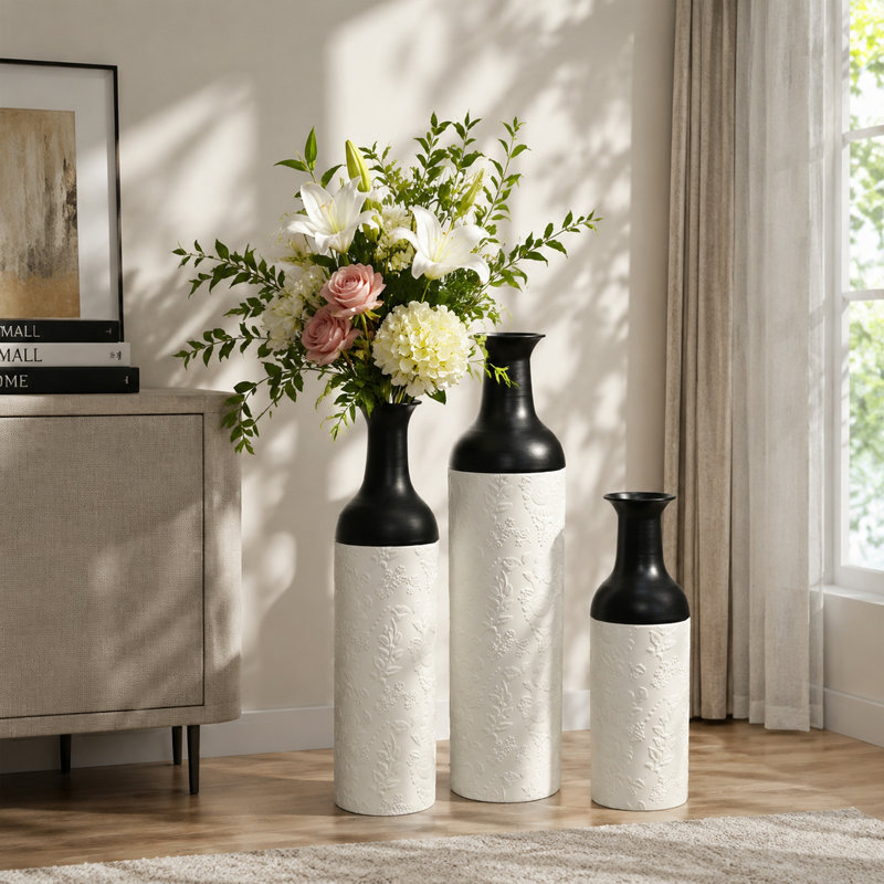 Ensemble de vases de plancher 3 pièces, Noir / blanc - motif floral