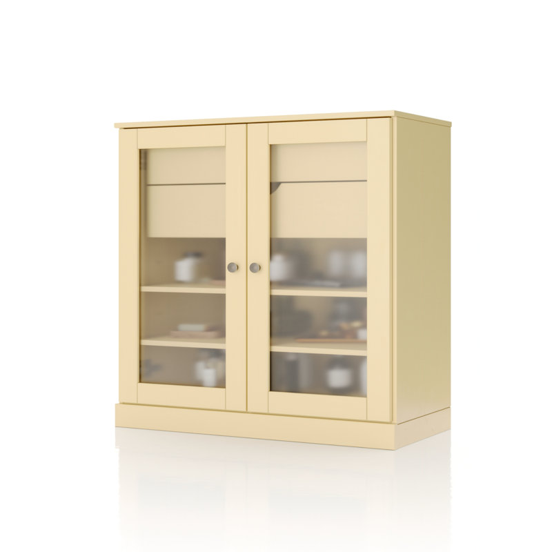 Armoire de salle de bain 100% bois massif 32 po avec portes en verre givré, 2 tiroirs et tablettes réglables, Jaune