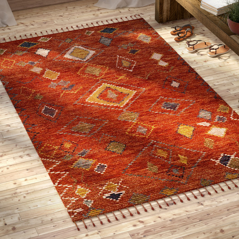Tapis rouge / rouge en laine / coton noué à la main Raeleigh, Rectangle 5 pi x 8 pi