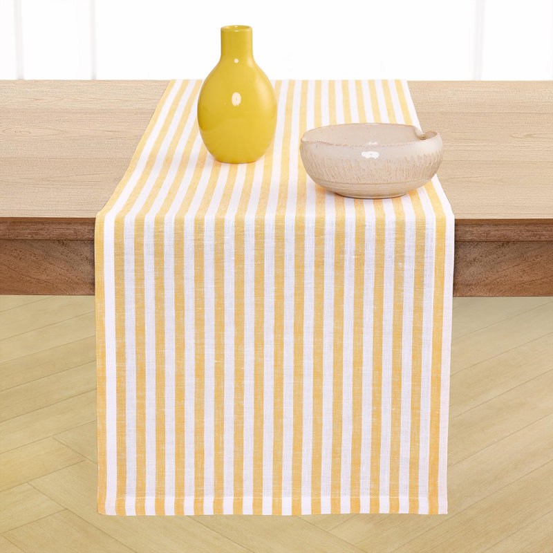 Amalfi Stripe - 100% Pure Linen Table Runner, 120" x 14", Mustard/White