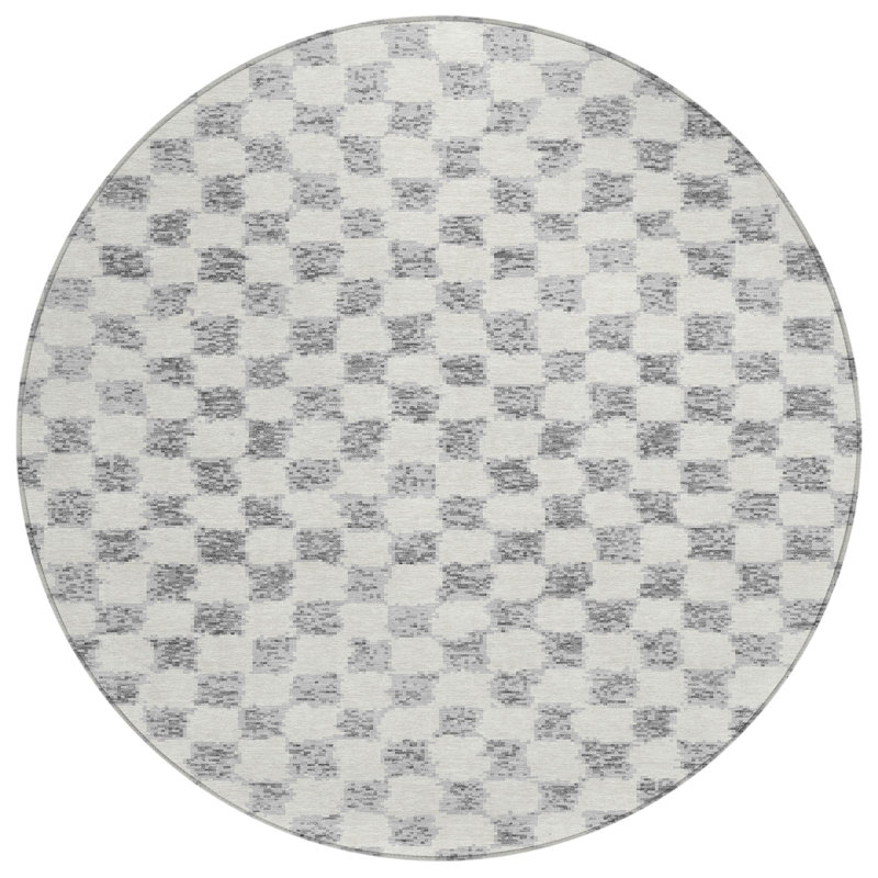 Machine Washable Indoor/Outdoor Xhevrie Gray Rug, Round 8'